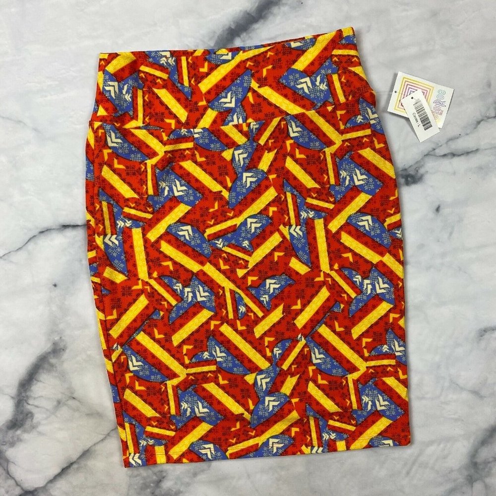 Lularoe Cassie Pencil Skirt Size Large Pull On Stretch Knit Abstract Art Orange